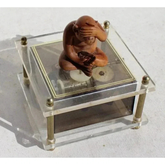 RARE Vintage Peek-A-Boo Monkey Lucite Music Box Made In Hong Kong - Picture 3 of 7